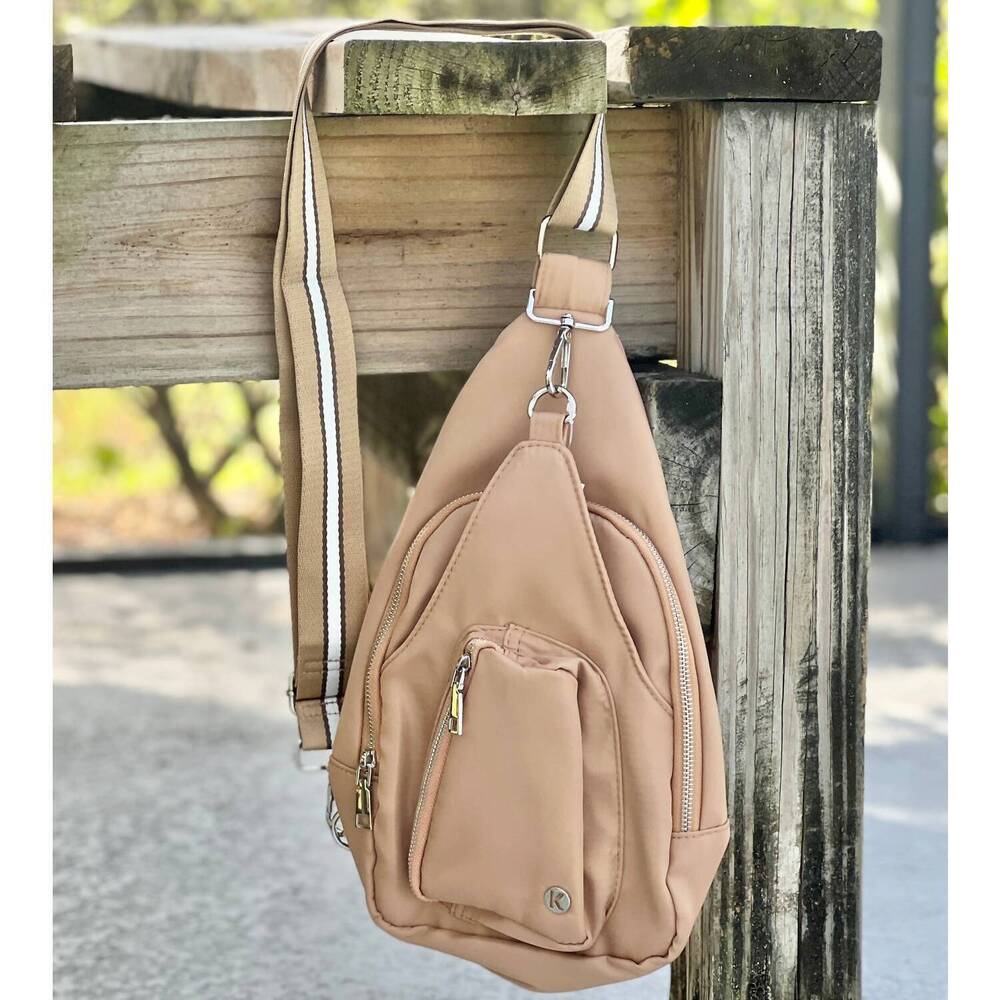 NEW KATYDID women's stash your stuff sling bag in tan